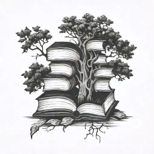 A stack of books with a family tree growing out of it, representing the importance of family and knowledge in the client's life tattoo design idea