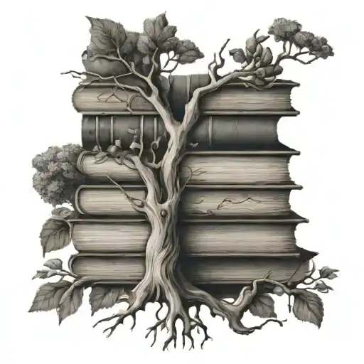 A stack of books with a family tree growing out of it, representing the importance of family and knowledge in the client's life tattoo design idea
