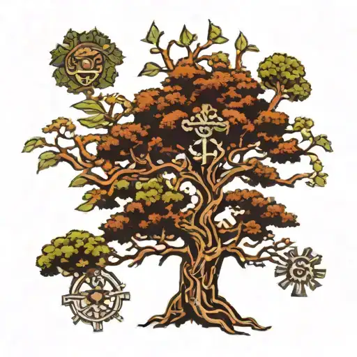 Combine an Oakland tree with Aztec symbols to represent the client's love for nature and cultural heritage tattoo design idea