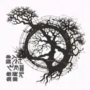 An oakland tree intertwined with scientific symbols and equations tattoo design idea