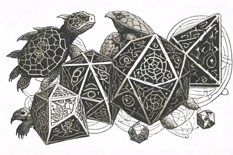 dungeons and dragon dice set, turtle and moon  tattoo design idea