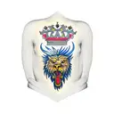 Two-headed Bald Eagle with a Crown, and a chest armor with a lion on it.  tattoo design idea