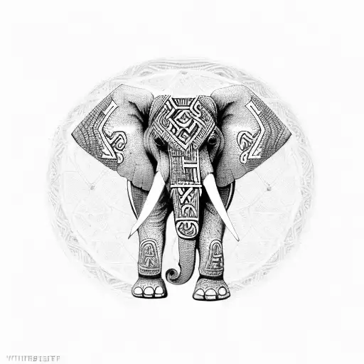 Elephant with head made out of viking patterns, trunk included, legs made in maori patterns, body in aztec patterns tattoo design idea