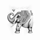 Elephant with head made out of viking patterns, trunk included, legs made in maori patterns, body in aztec patterns tattoo design idea