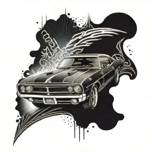 A dotwork tattoo of a muscle car speeding down a neon-lit highway, with intricate patterns and details inspired by the client's fascination with cars and urban aesthetics tattoo design idea