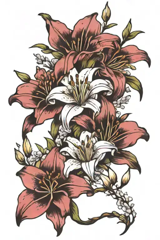 Lily flower and heather flowers tattoo design idea