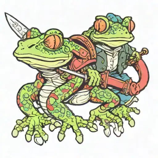 a chameleom with a sword riding a frog tattoo design idea