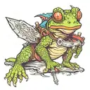 a chameleom with a sword riding a frog tattoo design idea