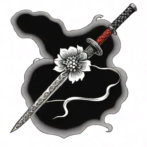 Japanese "A Cherry Blossom Katana With An Intricate Red Thread Of Fate Intertwined In The Design" Tattoo Design Idea tattoo design idea