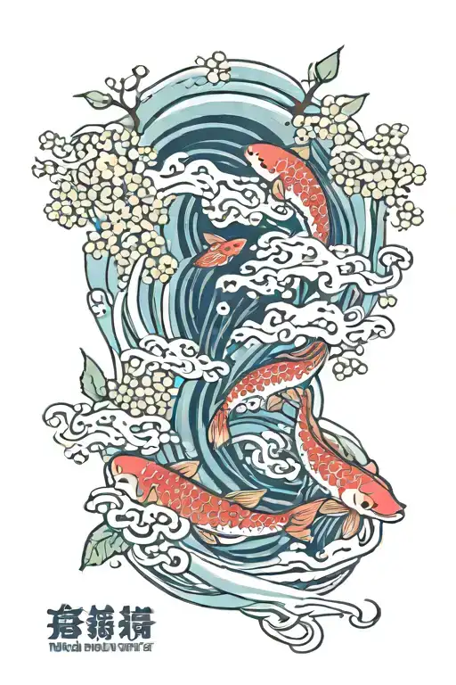 waves, koi fish, cherry blossoms, lucky charm tattoo design idea