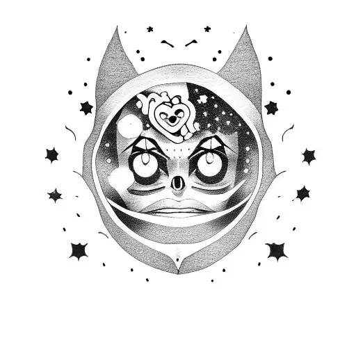 A creepy anime-inspired tattoo featuring a heart with a clown face inside, surrounded by stars tattoo design idea