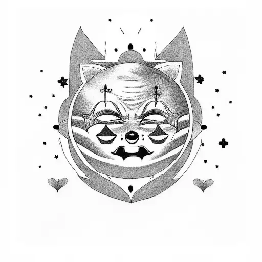 A creepy anime-inspired tattoo featuring a heart with a clown face inside, surrounded by stars tattoo design idea