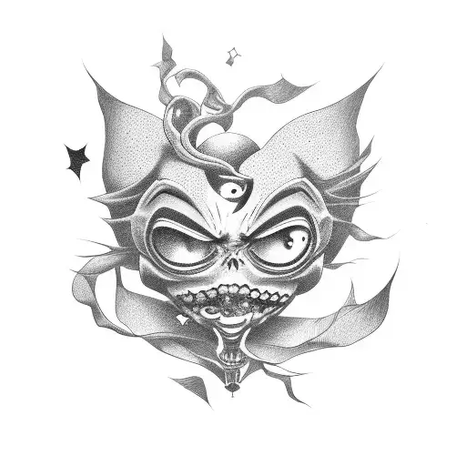 A surreal tattoo of a twisted anime character with a heart-shaped balloon and starry eyes, inspired by creepy themes tattoo design idea