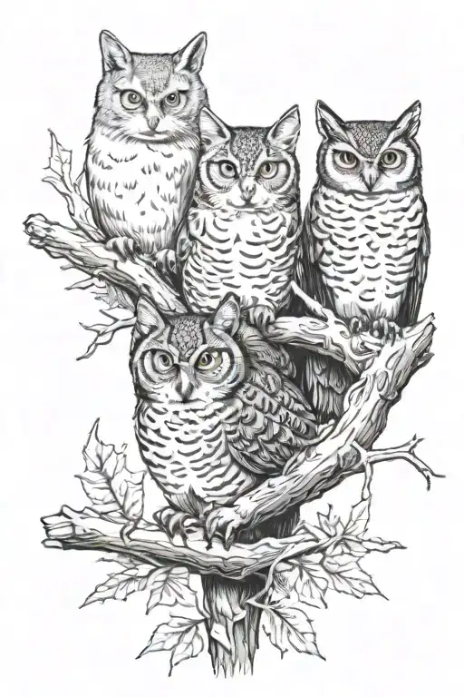 A realistic portrait of a cat, owl, and squirrel sitting together on a branch during a stormy night tattoo design idea