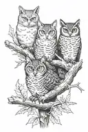 A realistic portrait of a cat, owl, and squirrel sitting together on a branch during a stormy night tattoo design idea