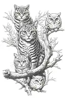 A realistic portrait of a cat, owl, and squirrel sitting together on a branch during a stormy night tattoo design idea