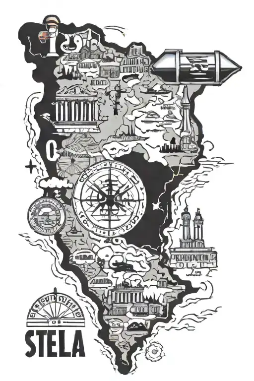 A travel inspired tattoo showcasing a map with Bulgaria,  Newcastle united, the name Oscar and a stella bottle  tattoo design idea