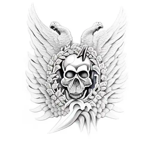 veloci Raptor skull in laurel wreath tattoo design idea