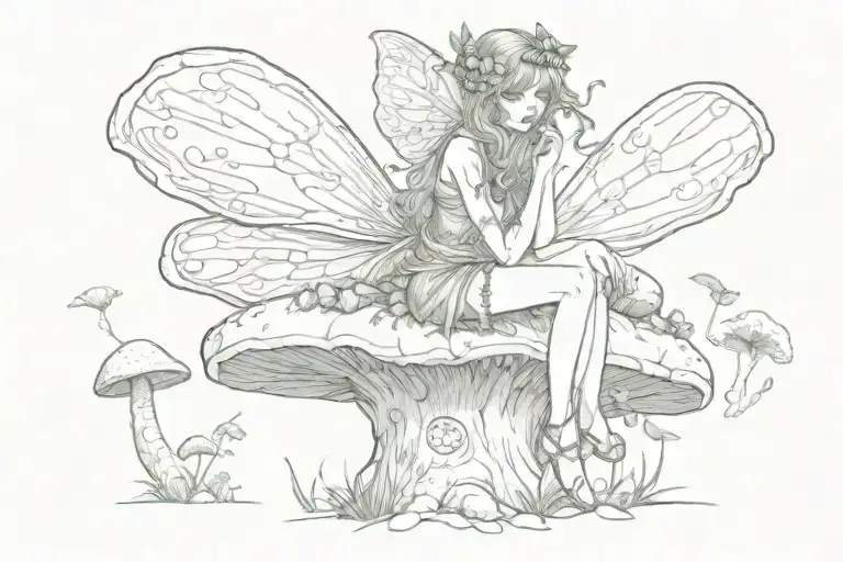 moss fairy sitting on a mushroom tattoo design idea