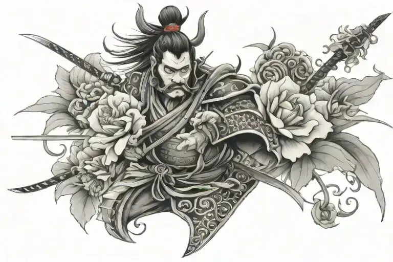 below there are flowers with a beautiful transition to a samurai tattoo design idea