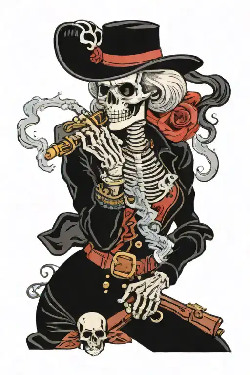 female skeleton, in old timey western dress, holding a old western revolver, smoking a cigarette tattoo design idea
