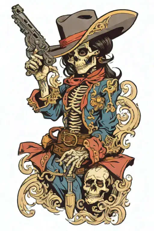 female skeleton, in old timey western dress, holding a old western revolver, smoking a cigarette tattoo design idea
