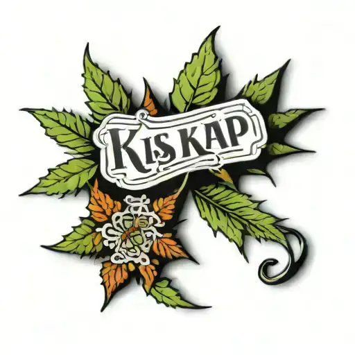tramp Stamp, with weed leaf intertwined with Text in middle with K & K tattoo design idea