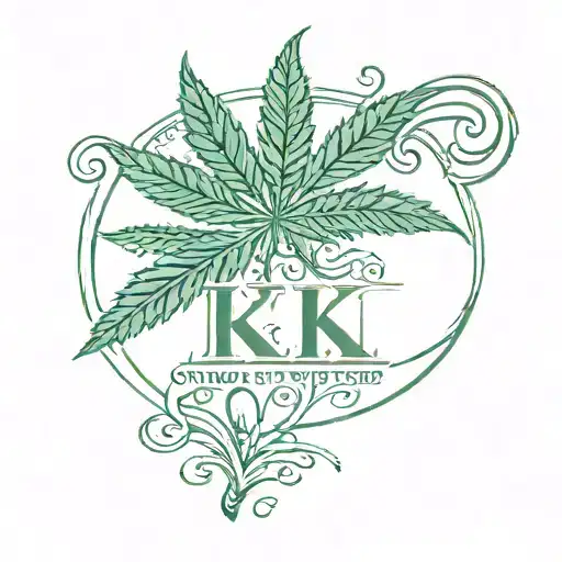 Trampstamp, with weed leaf intertwined, With text on leaf K&K tattoo design idea