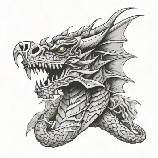 A tattoo design of a powerful dragon (mythology) wearing a military helmet (army) with a background of ancient ruins (history) tattoo design idea