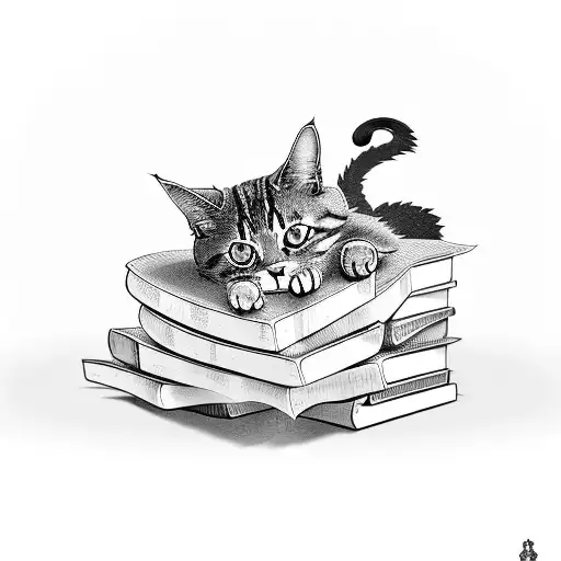 A stack of books with a cat curled up on top tattoo design idea
