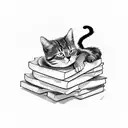 A stack of books with a cat curled up on top tattoo design idea