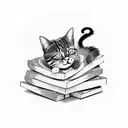 A stack of books with a cat curled up on top tattoo design idea