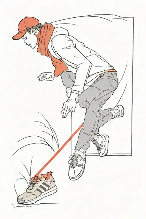 A person with a red scarf, pullover, jeans, cap and adidas shoes. Who grabs a red flag from the ground. tattoo design idea