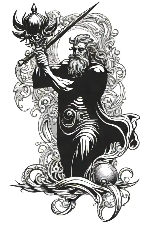 Poseidon holding a trident and neptune,jupiter,pluto planet  tattoo design idea