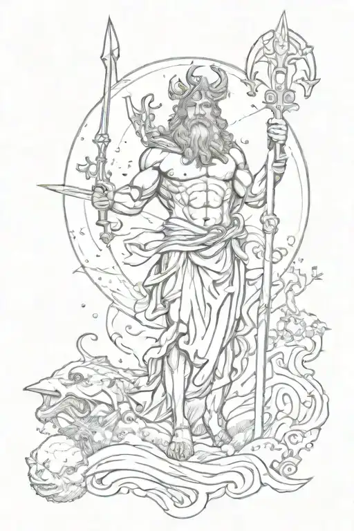 Poseidon holding a trident and neptune,jupiter,pluto planet  tattoo design idea