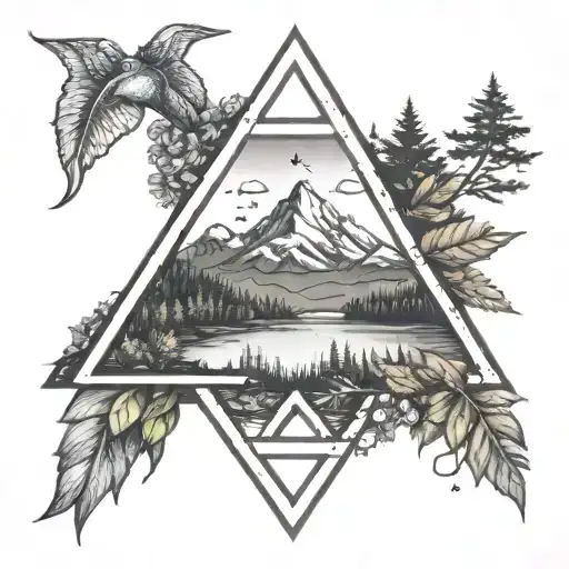 make a tattoo design of a triangle frame with a beautiful nature scene in it. The nature scene consists of mountains, tr tattoo design idea