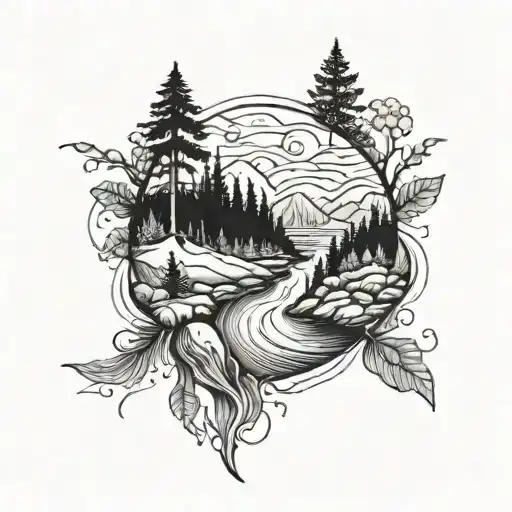 river flowing with nature around it  tattoo design idea