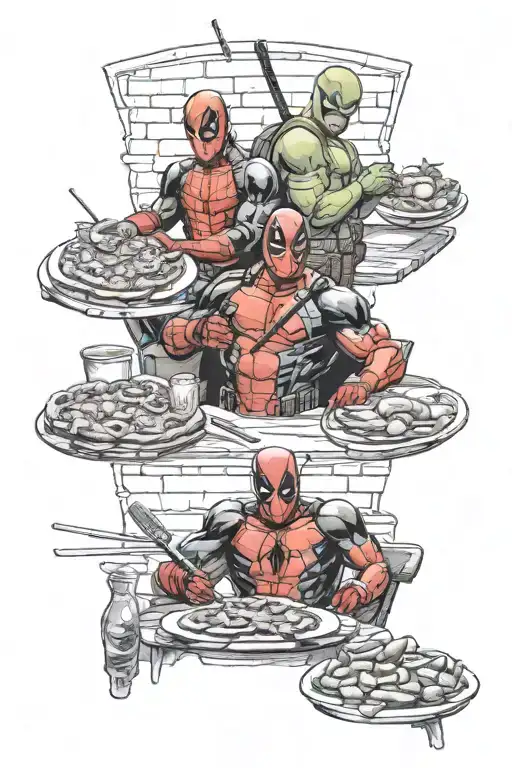 deadpool, spider man, and (TMNT) Raphael eating pizza together tattoo design idea