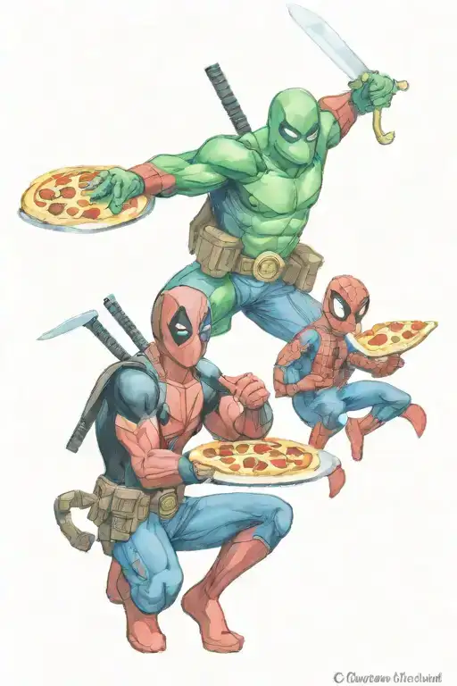 deadpool, spider man, and Raphael (TMNT) eating pizza together  tattoo design idea