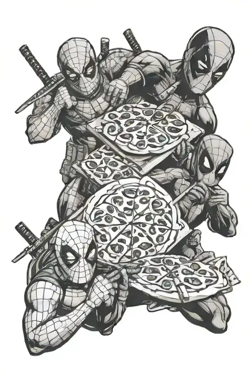 deadpool, spider man, and Raphael (TMNT) eating pizza together  tattoo design idea