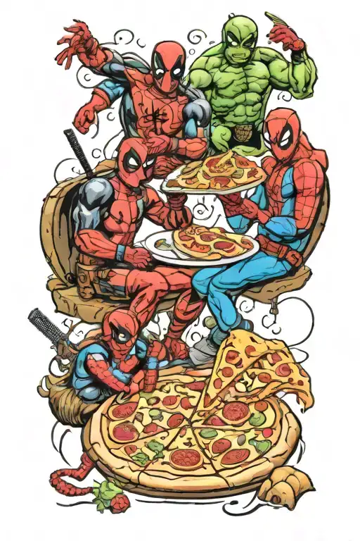 deadpool, spider man, and Raphael (TMNT) eating pizza together  tattoo design idea