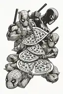 deadpool, spider man, and Raphael (TMNT) eating pizza together  tattoo design idea