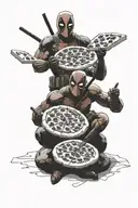 deadpool, spider man, and Raphael (TMNT) eating pizza together  tattoo design idea
