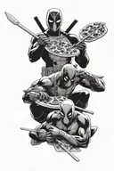 deadpool, spider man, and Raphael (TMNT) eating pizza together  tattoo design idea