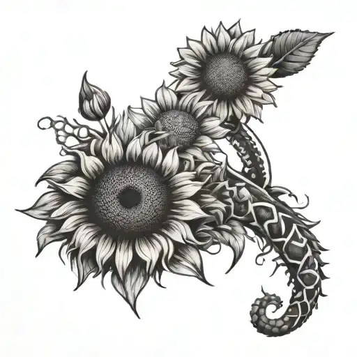 sunflower, daisy, dagger, snake, lavender flower tattoo design idea