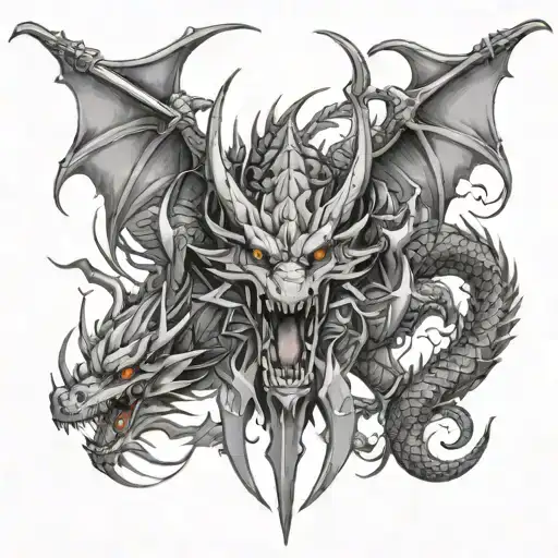 An anime-inspired three-headed dragon with each head representing a different element, including lightning, surrounded by katana swords tattoo design idea