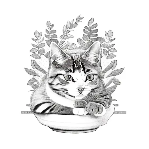 A cat curled up among a variety of potted plants tattoo design idea