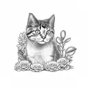 A cat curled up among a variety of potted plants tattoo design idea