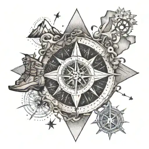 A dotwork tattoo of an intricate compass rose surrounded by various hiking symbols, such as boots, backpack, and a mountain peak tattoo design idea