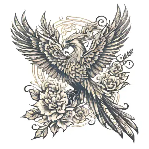 Tattoo of a styled phoenix and floral on white background ideal for a tattoo, fine and delicate line  tattoo design idea